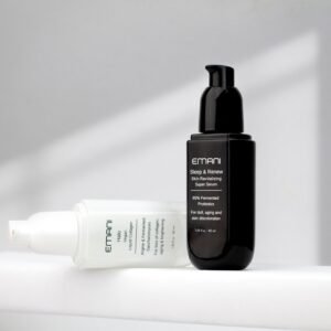 Studio shot of Emani skincare serums on a white background showcasing luxury beauty products.